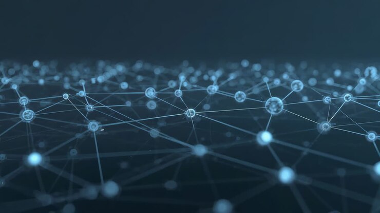 Panning camera revealing dense network of glowing nodes forward right at digital plane, thin lines