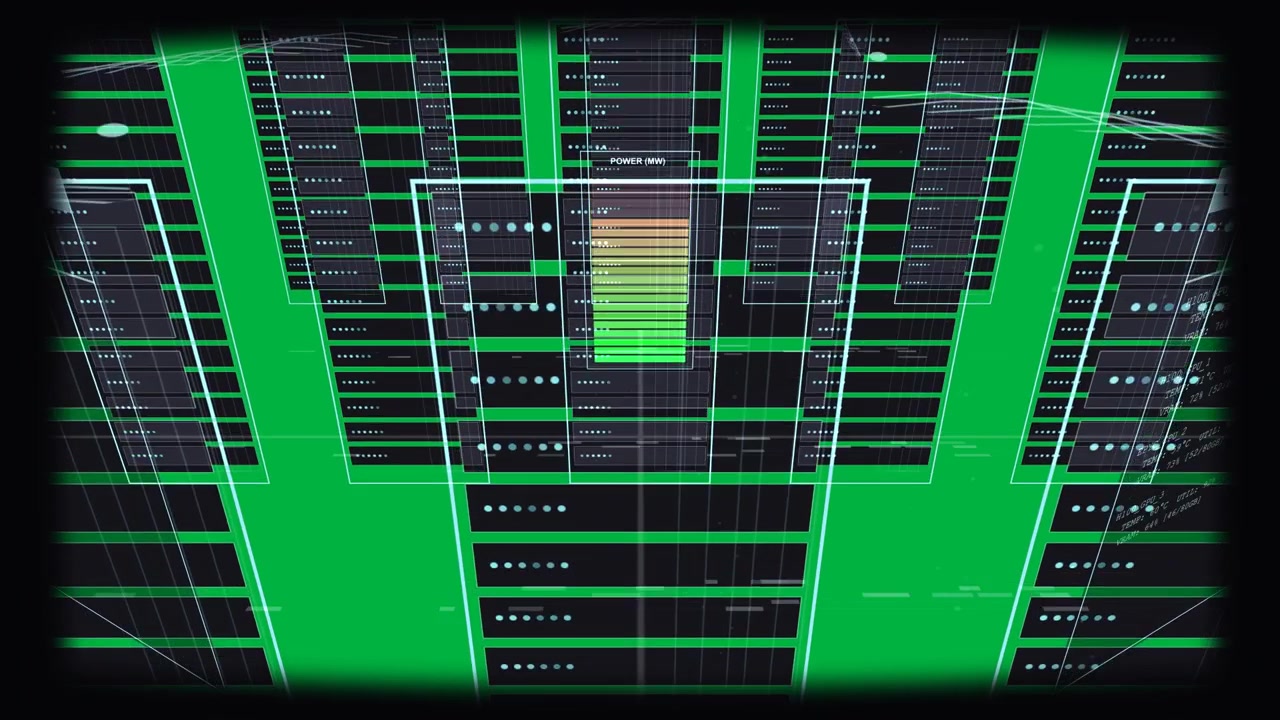 Camera moving inward starting center meter pulsing, panels showing nodes and load, transparent bg