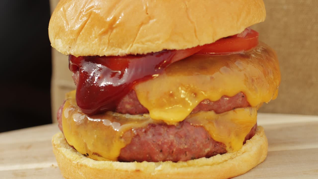 Making American fat smash burger with fresh tomatoes and cheese on grill close-up macro. Beef or pork cutlet smashing by burger press. The chef in kitchen of the restaurant making cutlets for burgers - smash burger beefsteak. Fast and street food concept.