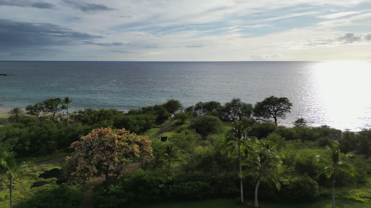 la playa tropical hawaiana de hapuna en la isla grande, avión no tripulado volando por la costa
