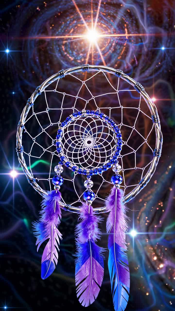 Dreamcatcher with purple feathers, shot from below, set against a cosmic background, video style