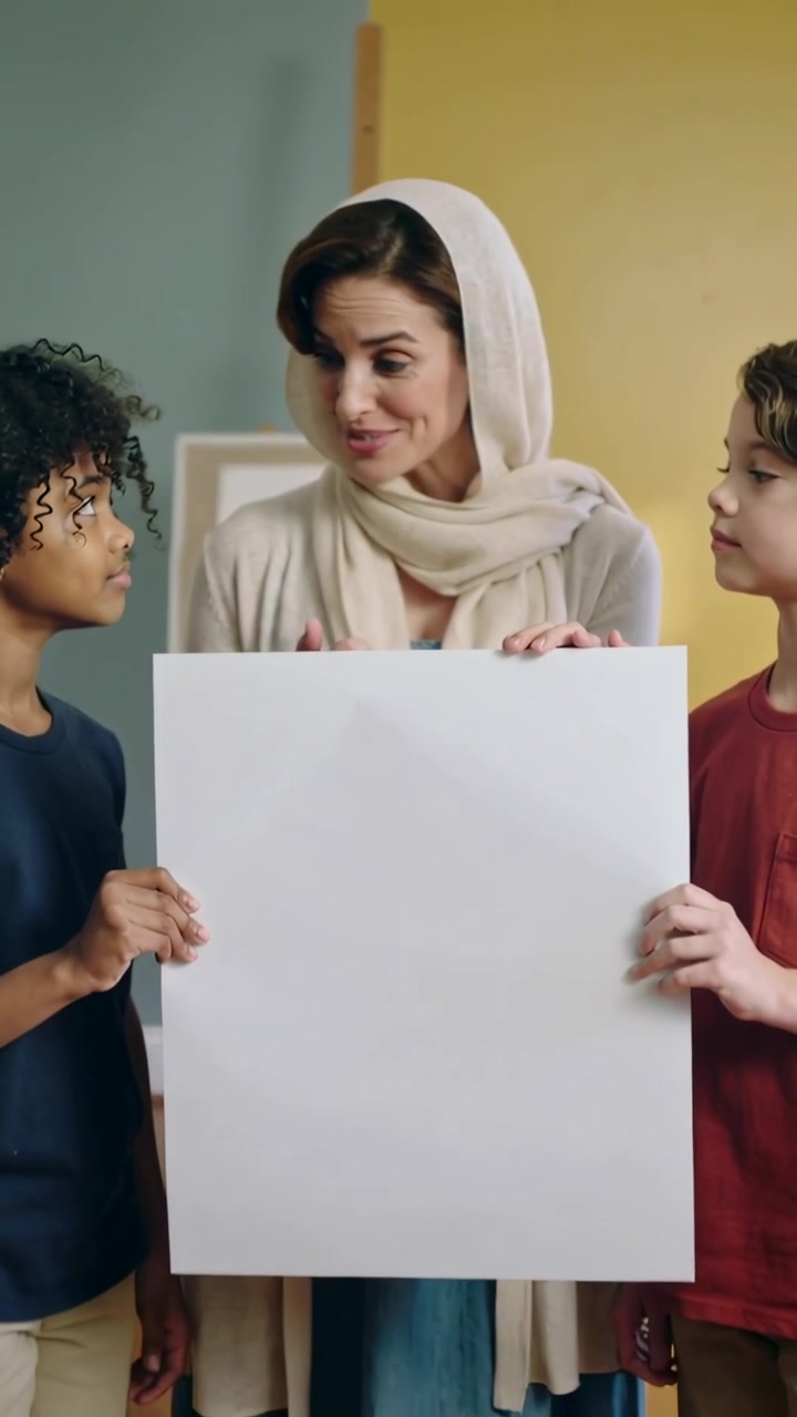 Video verticale: Donna sorridente con sciarpa e cardigan che incoraggia i bambini a tenere un poster in verticale in classe.