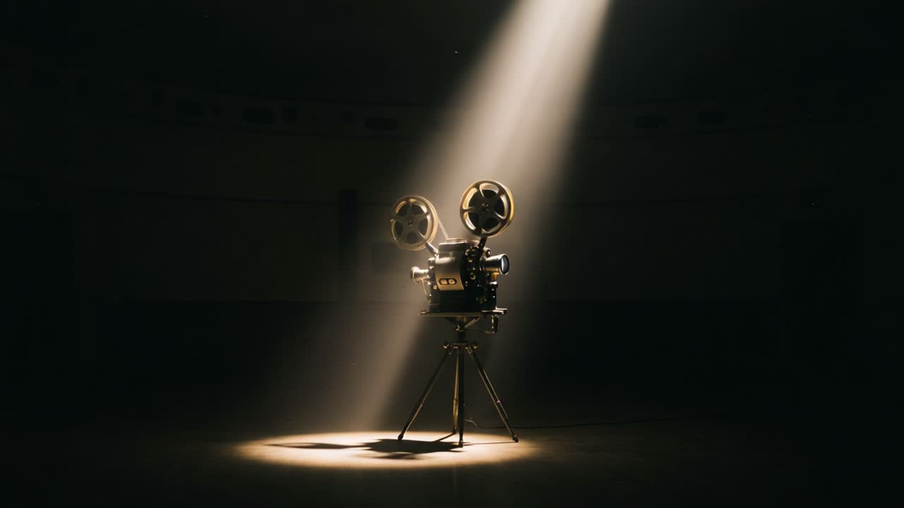 An iconic vintage film projector stands illuminated by a dramatic beam of light in an empty, shadowy space, embodying the essence of classic filmmaking and nostalgia
