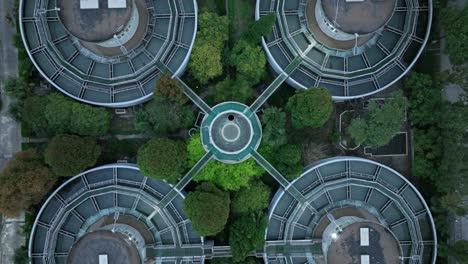 drone aerial view of waterworks pool and tanks, top view