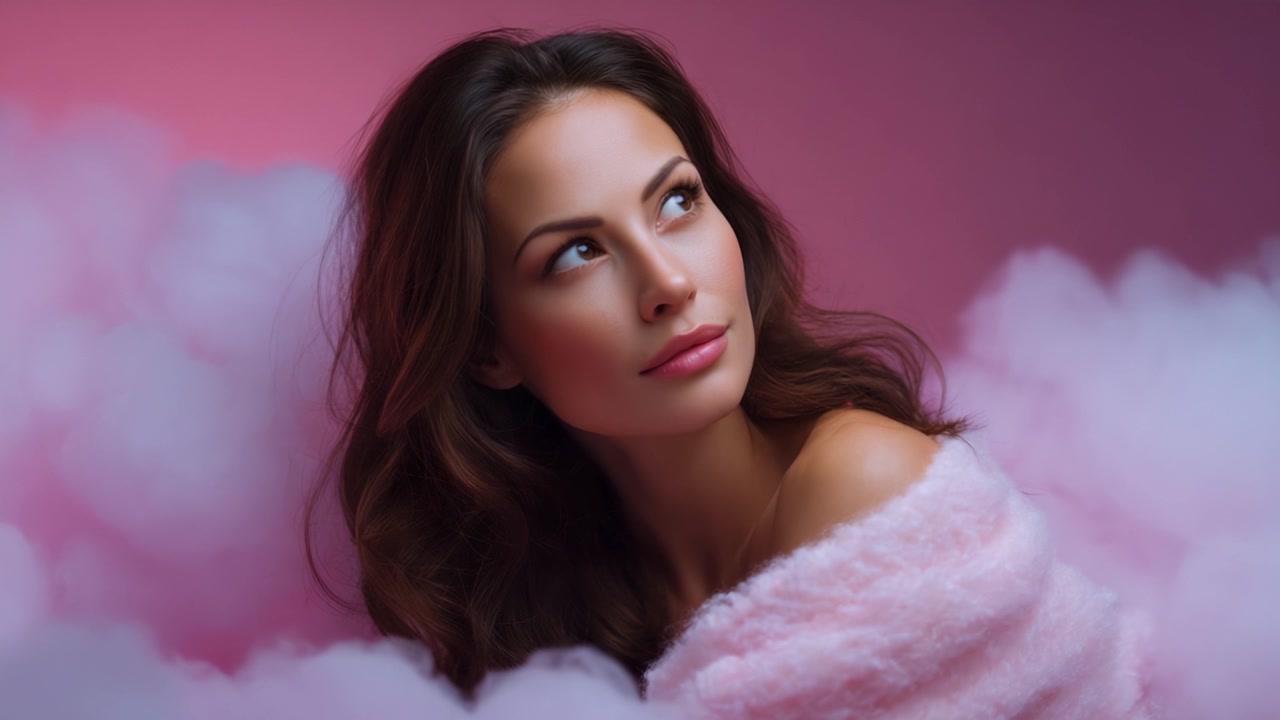 Un accattivante ritratto di bellezza che mostra una donna avvolta in un morbido tessuto rosa, circondata da soffici nuvole, con un'espressione serena e pelle luminosa in un'atmosfera onirica.