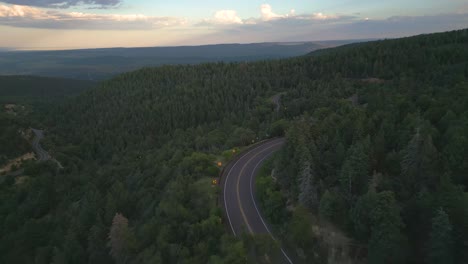 Autos-Fahren-Durch-Kurvenstraße-Mit-Sicherheitsreflektierenden-Verkehrszeichen-Entlang-Des-Dichten-Waldes-In-Denver,-Colorado