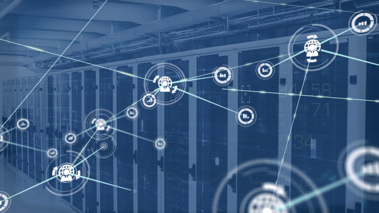 Animation of network of data icons processing over computer server room