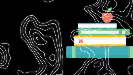 animación de patrones abstractos con cartón de mortero, manzana y suministros escolares contra un fondo negro