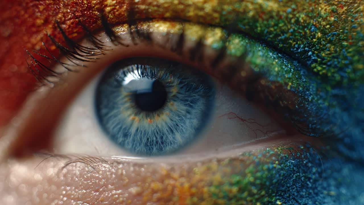 A Captivating Close-Up of a Beautiful Eye Enhanced with Vibrant, Colorful Makeup Showing Stunning Details and Iridescent Textures in Vivid Hues