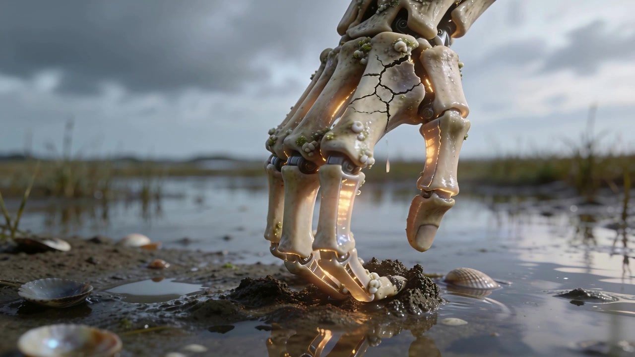 Descending skeletal hand pressing, curling into tidal mudflat, lifting mud clump