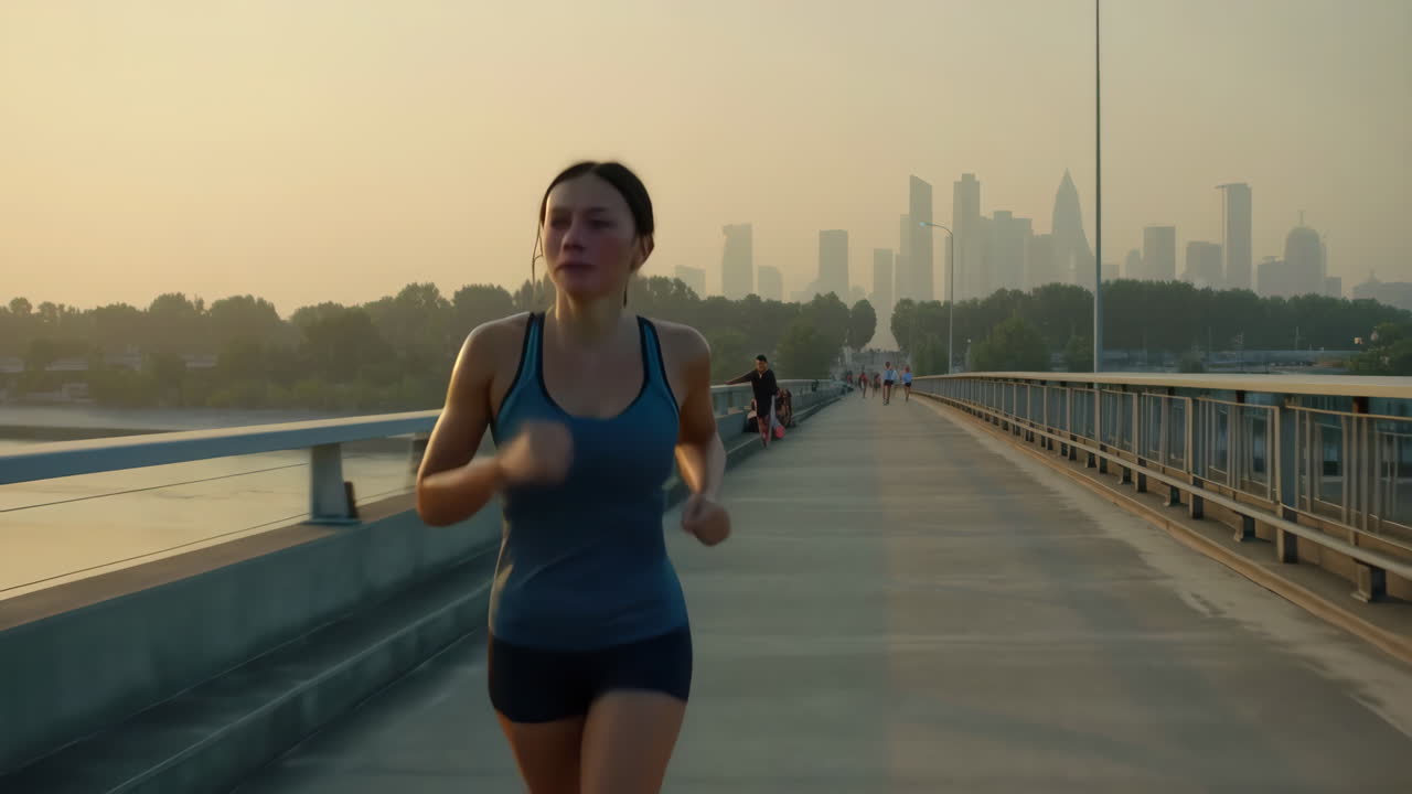 Woman Running on a Bridge with City Skyline at Sunrise or Sunset