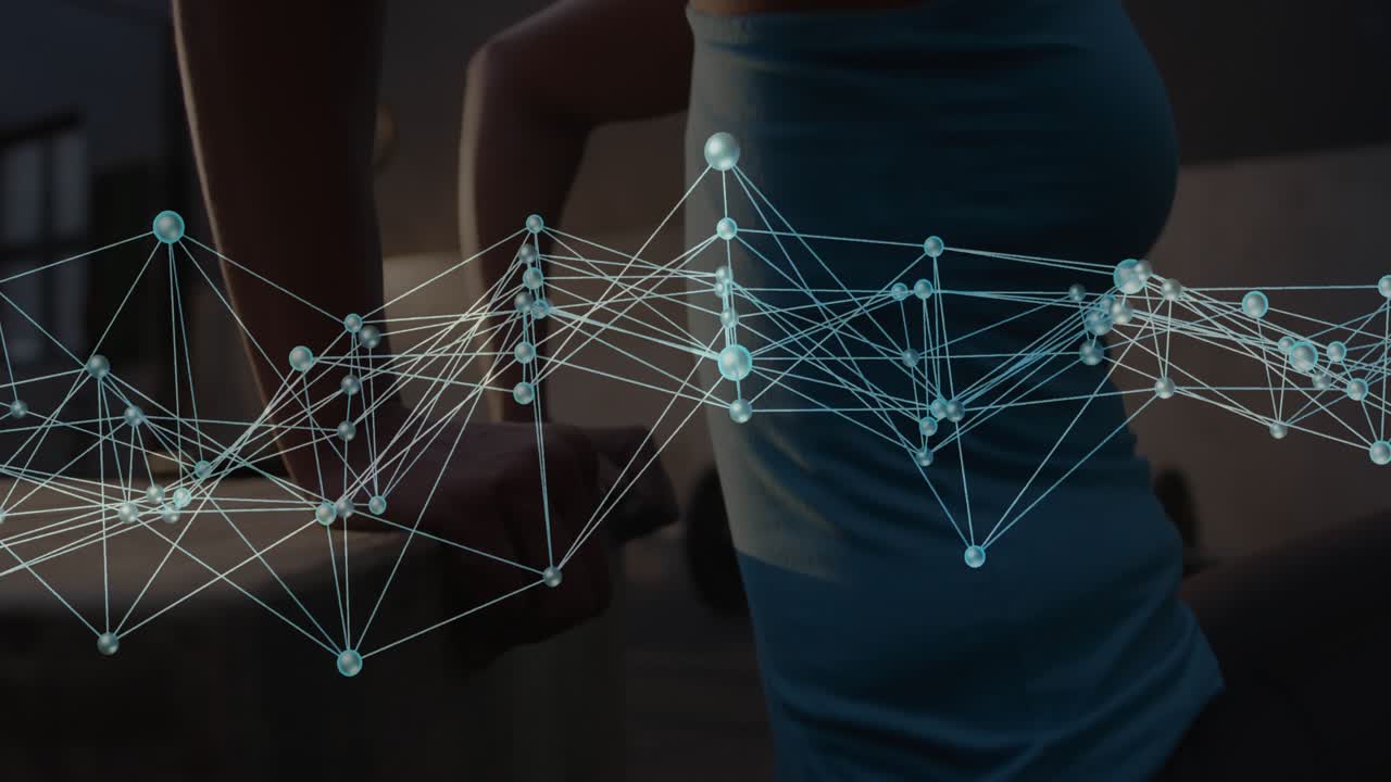 Woman gripping bench edge and lowering for dips, overlay moving across torso tracking fitness