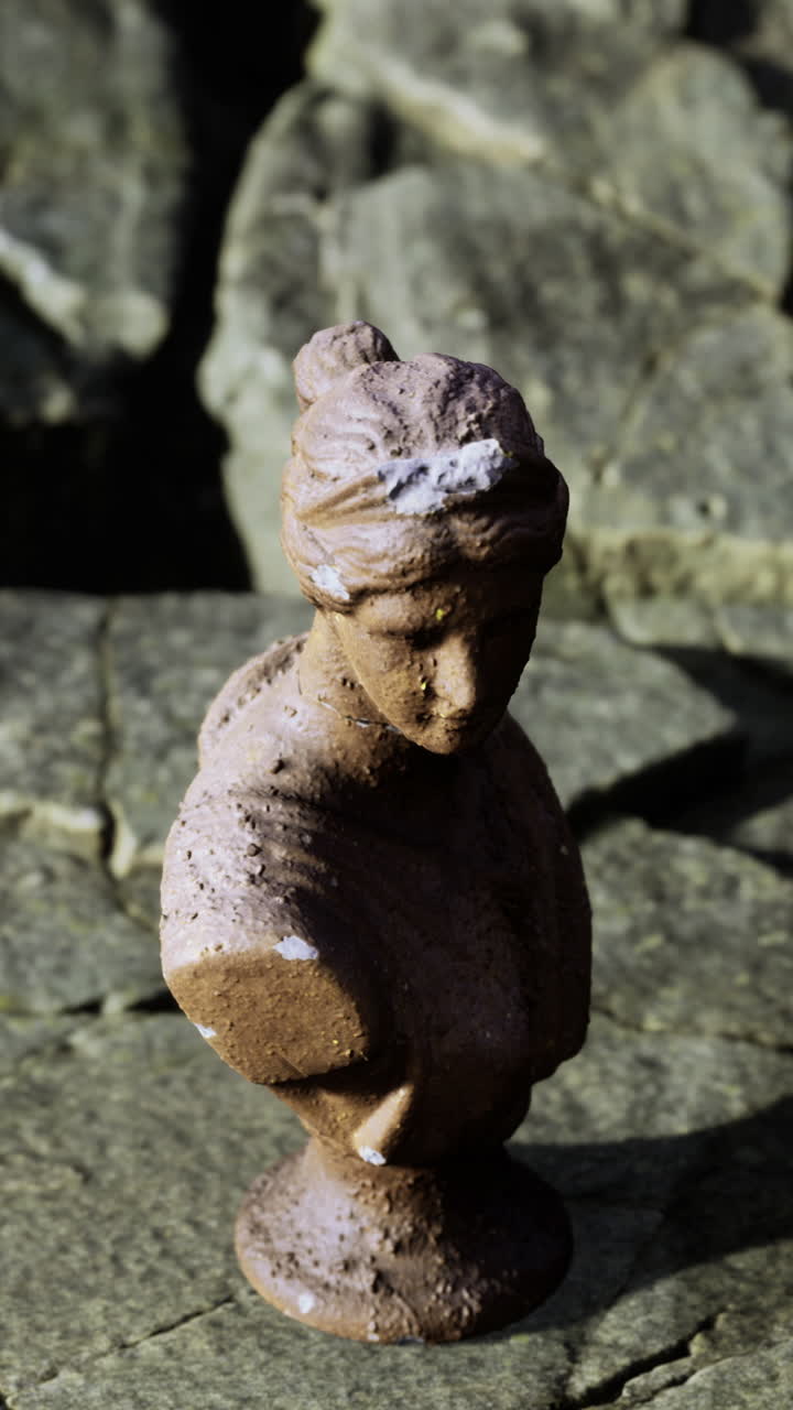 Small ancient statue stands on rocky surface reflecting history and artistry