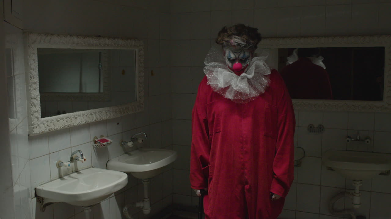 Scary clown in a bathroom