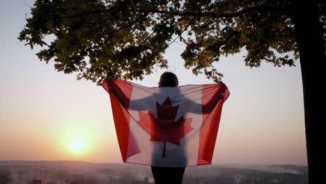 a woman stand with the flag of canada against a clear sky at sunset. wide footage