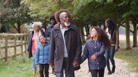 familia de varias generaciones en una caminata de otoño en el campo juntos