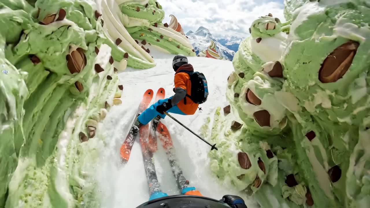Visuale in prima persona di uno sciatore che attraversa un surreale paesaggio montano di gelato