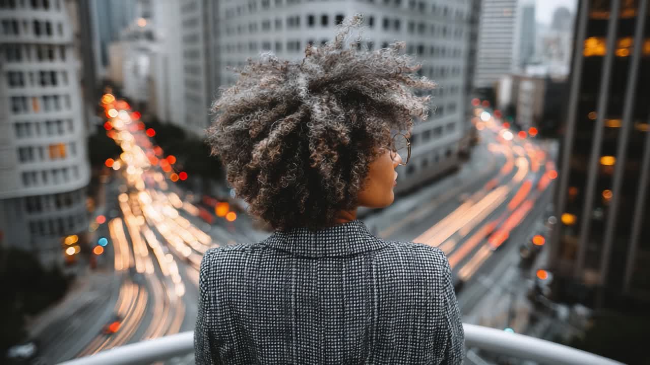 Ein besinnlicher Moment, von hinten aufgenommen, der eine Frau vor einem lebendigen urbanen Hintergrund mit wirbelnden Lichtern der Stadt zeigt und die Verschmelzung von menschlicher Emotion und Großstadtenergie hervorhebt.