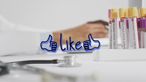 lab technician typing on keyboard in medical lab, with monkeypox test tubes and floating like icons