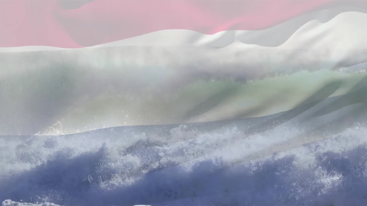 composición digital de ondear la bandera de los países bajos contra las olas en el mar