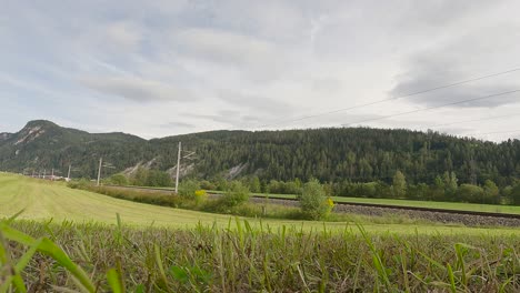 Alpine-train-among-green-fields-and-moutains-in-Austria