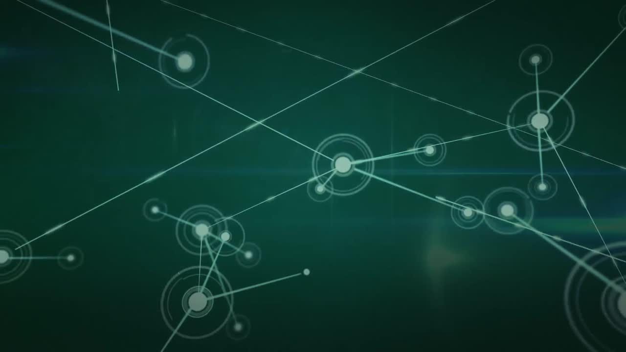 animación de patrones abstractos y destellos de lentes sobre datos y puntos interconectados con líneas