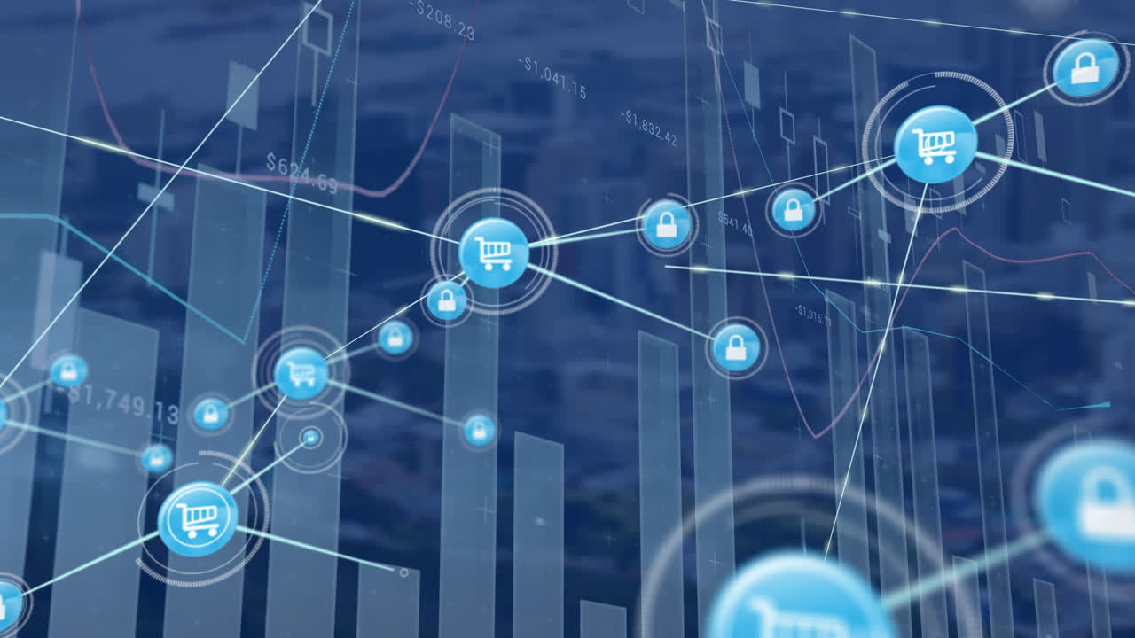 Animation of network of connections with digital icons statistics and data processing