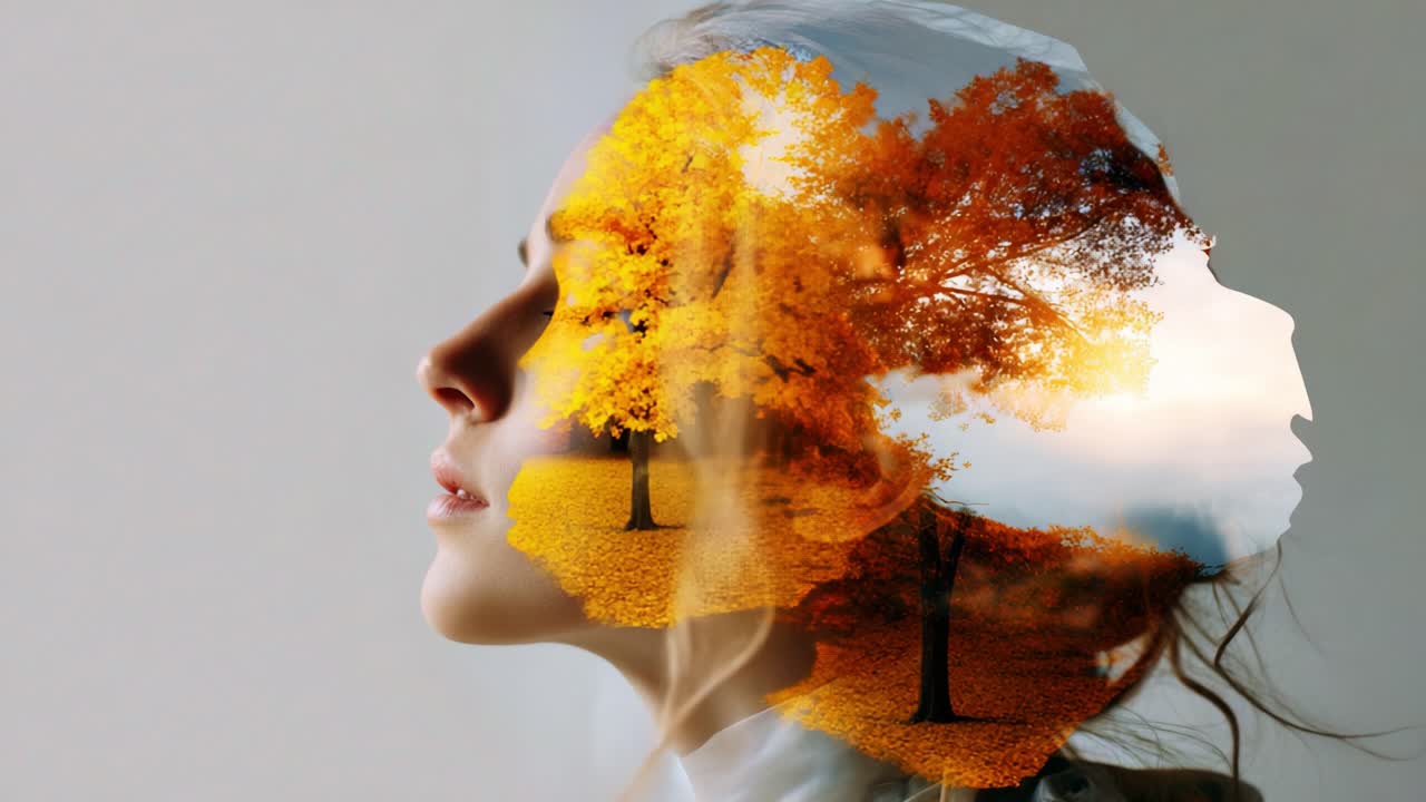 A Captivating Dual Exposure Portrait Featuring a Young Woman with a Dreamy Landscape Overlay, Blending Nature and Emotion in an Artistic Exploration of Identity and Reflection