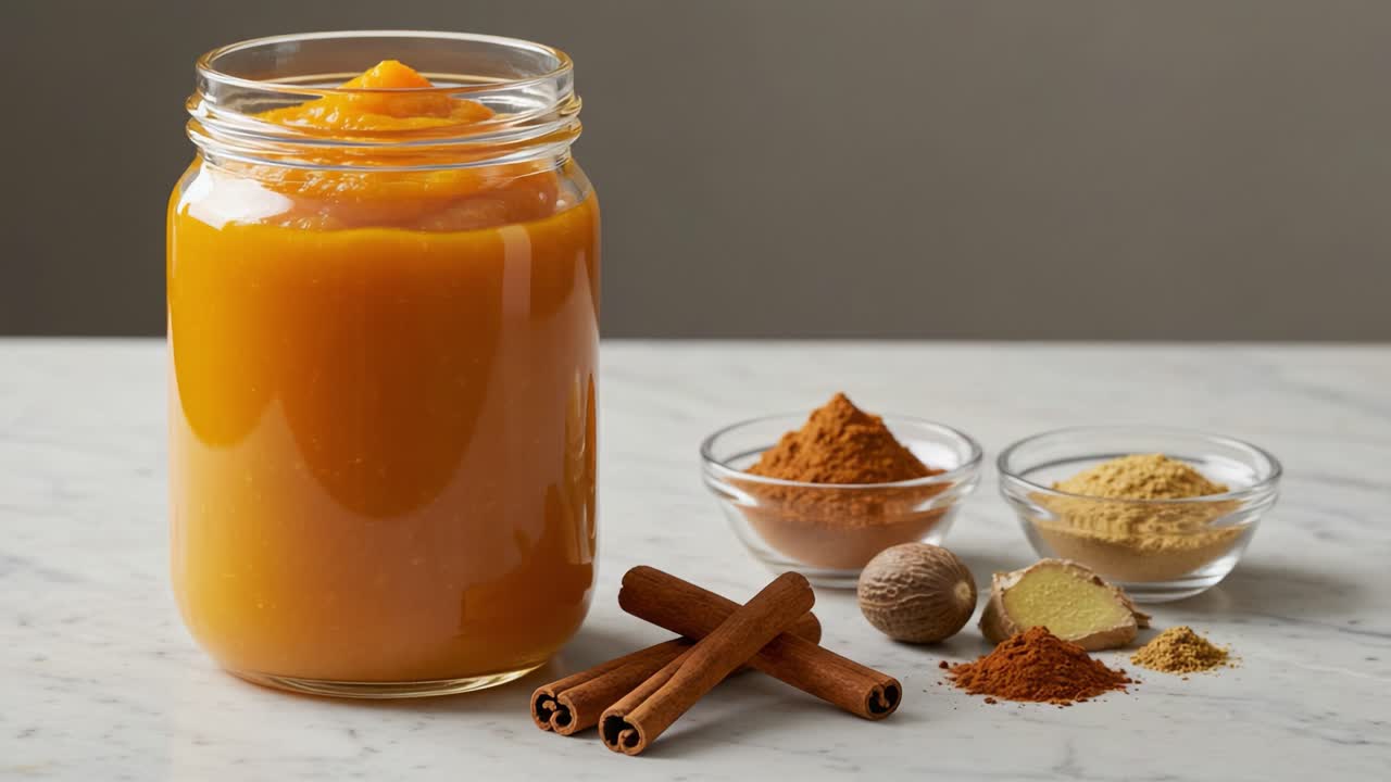 Vibrant Pumpkin Puree Surrounded by Fragrant Spices Inspires Delicious Autumn Dishes and Desserts Perfect for Seasonal Recipes and Festive Cooking Adventures