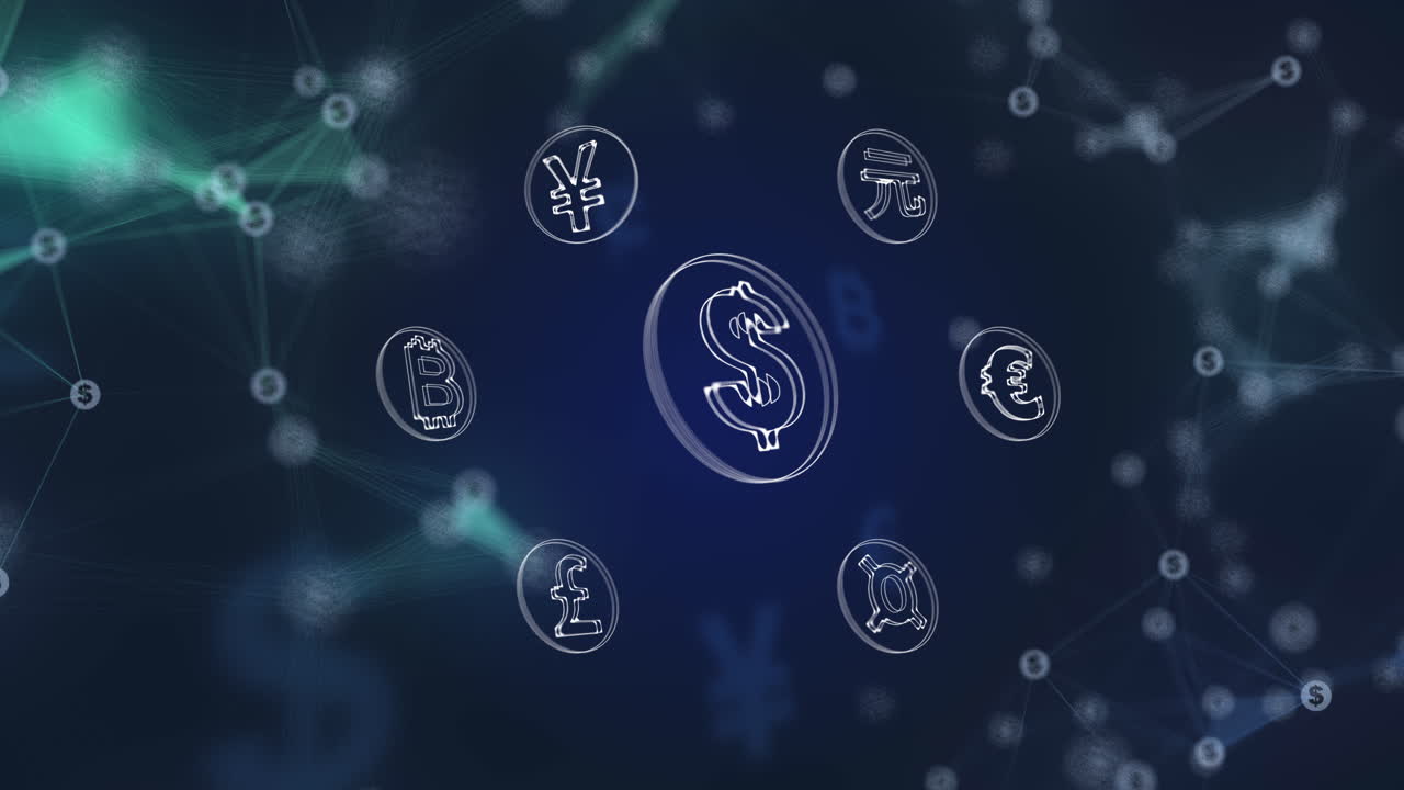 Transparent dollar sign in the center. Rotating symbols of the world's popular money on an abstract blue background with plexus lines.