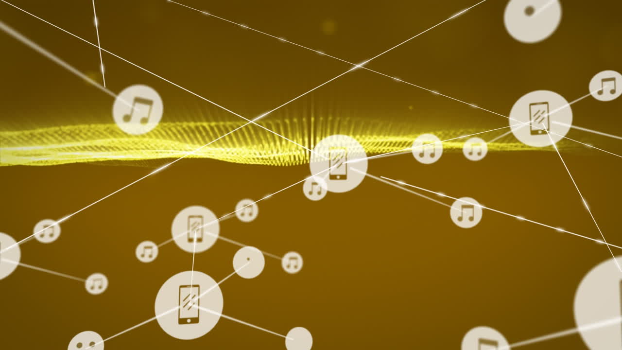 갈색 배경 위에 아이콘과 메쉬로 연결된 네트워크의 애니메이션