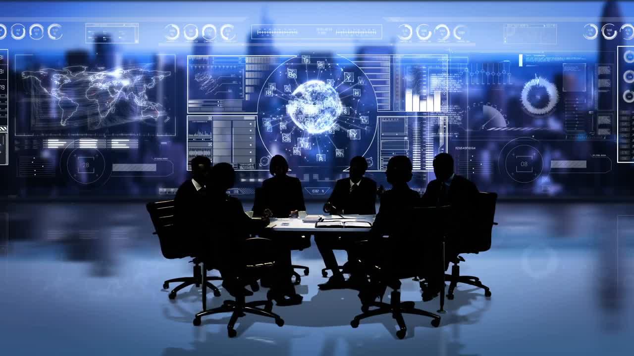 비즈니스 사람들이 시내 풍경에 대항하여 회의실에서 회의를 하고 있습니다.