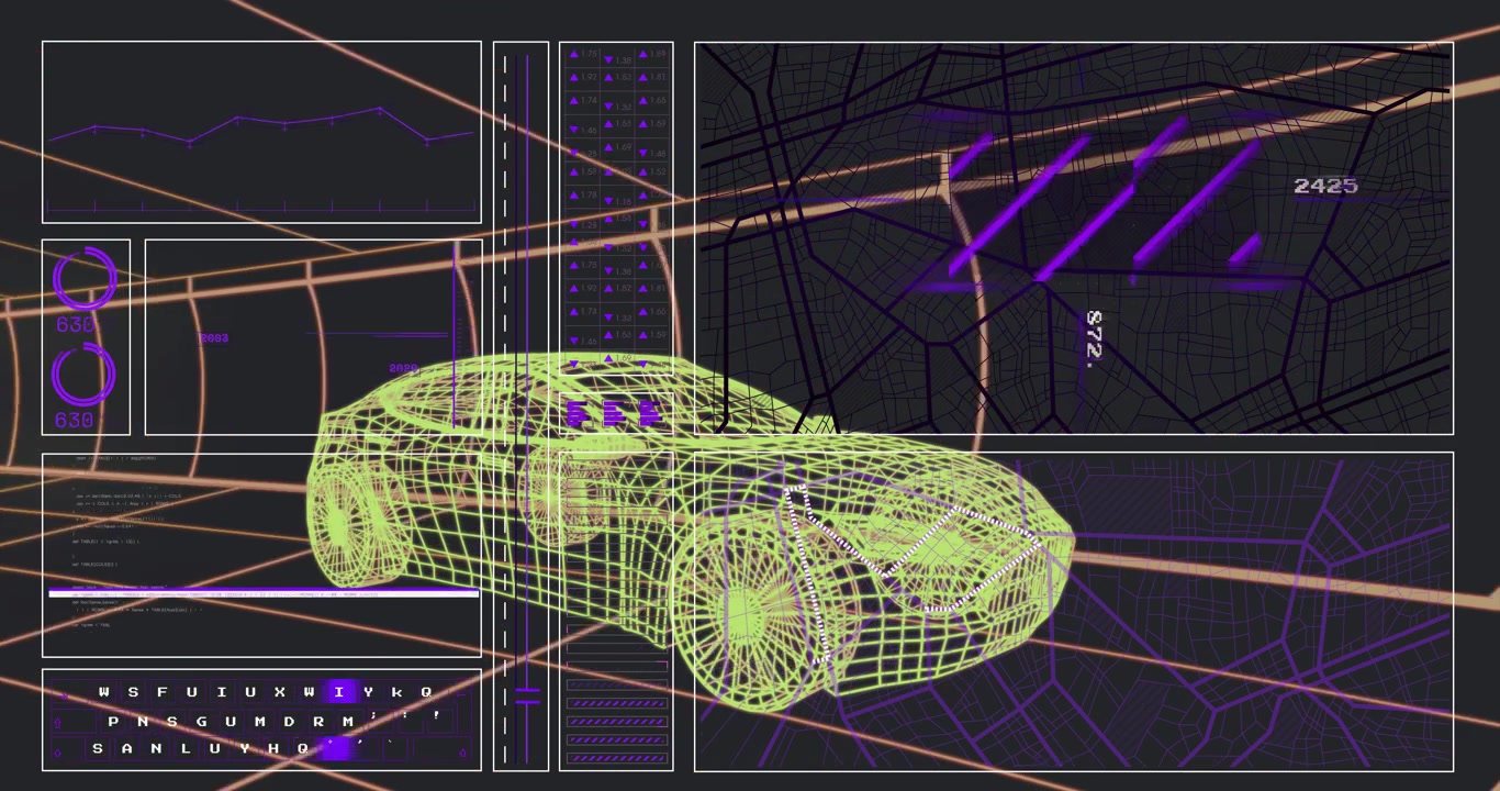 Neon green wireframe car receiving sensor pulse, HUD panels appearing and scanning for inspection