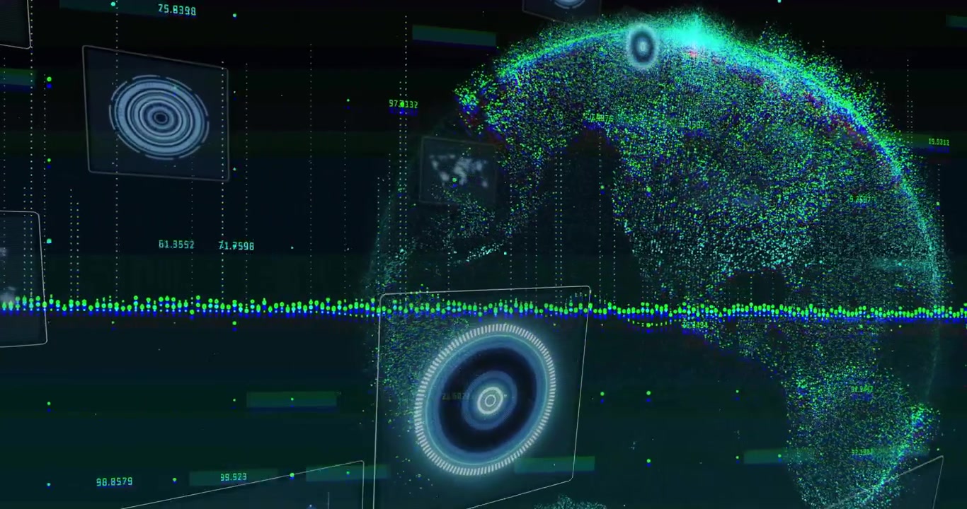 Data visualization streaming across dashboard, showing holographic globe, HUD panels and waveform
