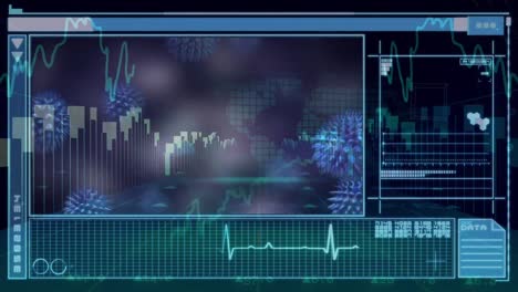 Animation-Eines-Bildschirms-Mit-Herzschlagmonitor,-Schwebenden-Makro-Covid-19-Zellen