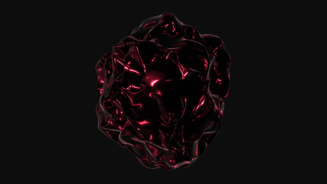 Abstract 3D liquid blob with glossy black surface and red highlights rotating in darkness, futuristic organic shape for tech, sci-fi, and motion background use