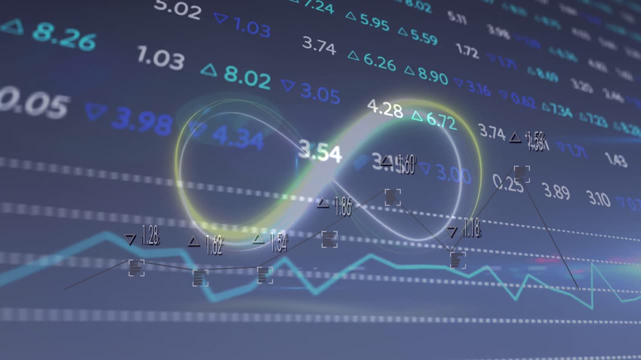 무한 기호의 애니메이션과 파란색 배경의 금융 데이터 처리