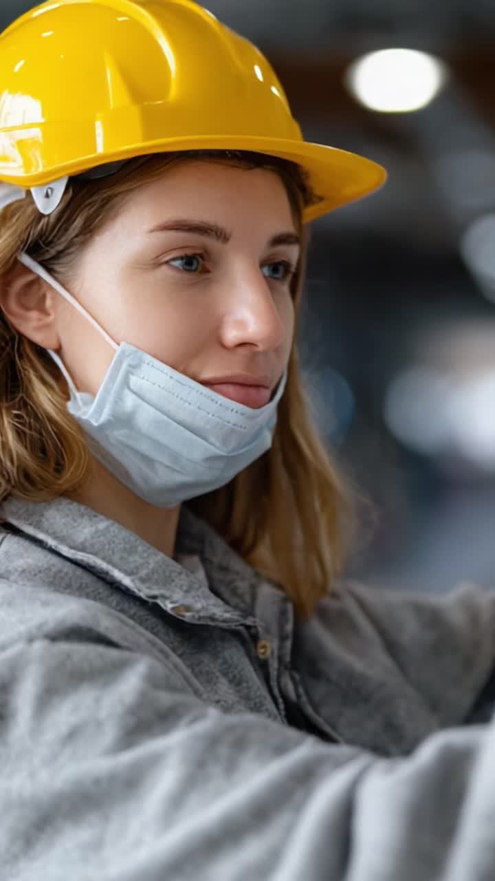 Una lavoratrice concentrata con dispositivi di sicurezza: un momento dedicato di una donna che indossa cappello e mascherina in un ambiente industriale