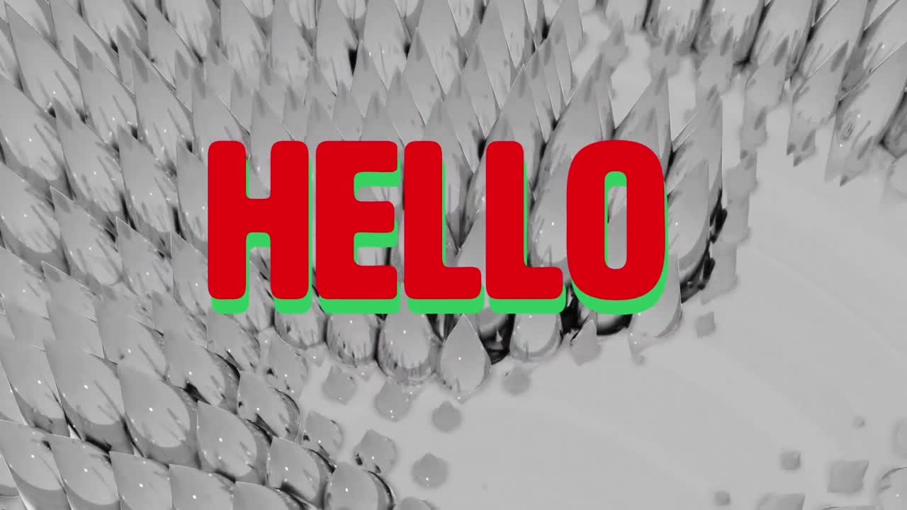 Digital animation of hello text against 3d shapes on white background