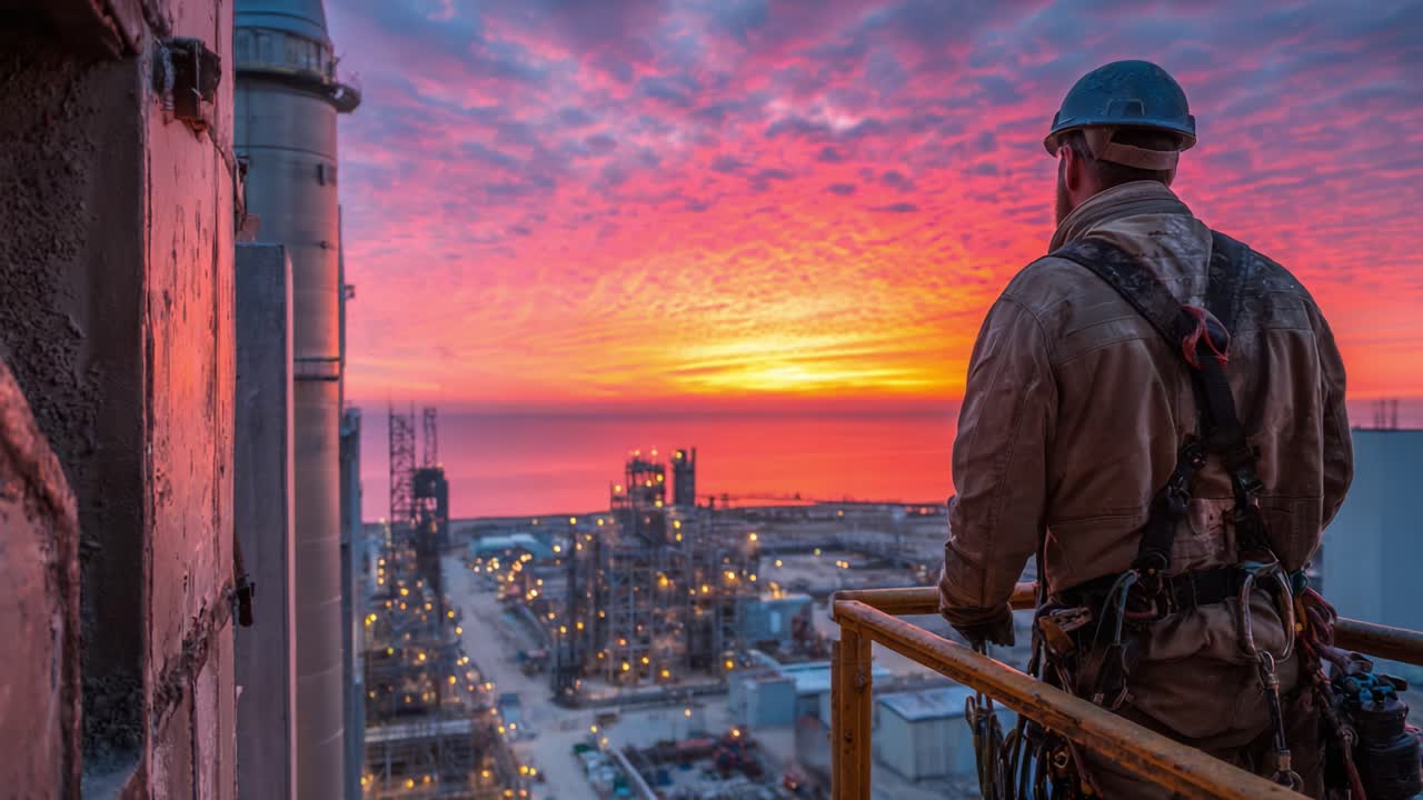 A Worker Reflects on a Stunning Sunset Over an Industrial Landscape, Highlighting the Contrast Between Nature and Man-Made Structures in an Urban Setting