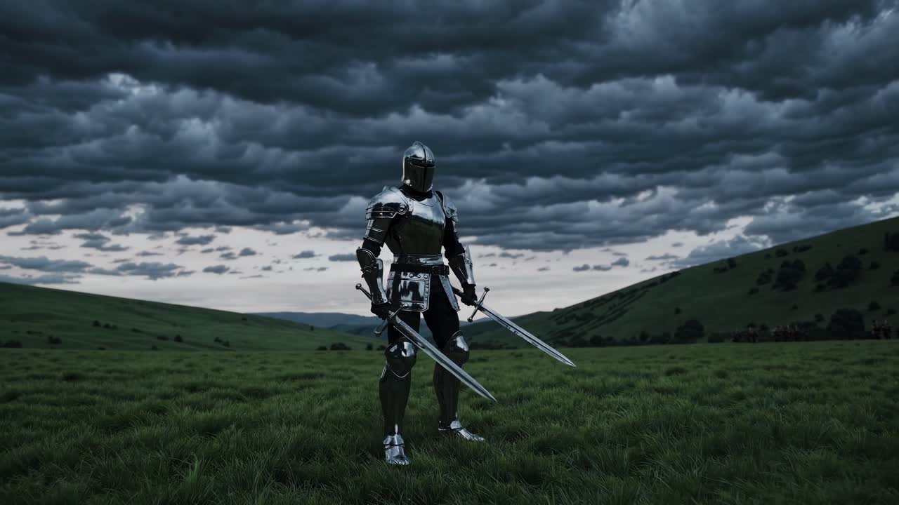 Knight in Armor with Swords on a Stormy Field