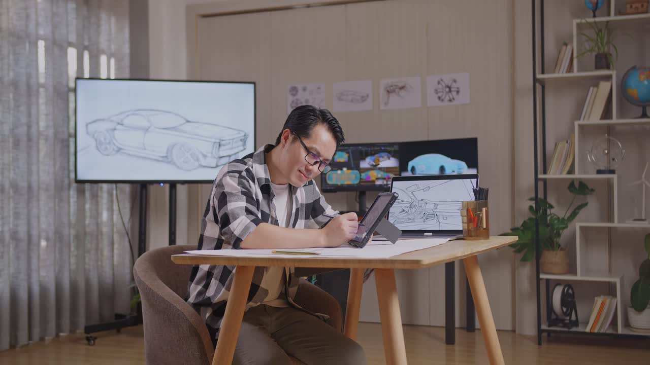 Asian Male Smiling To The Camera While Drawing New Car Design Concept On A Tablet In The Studio With Tv And Computers Display 3D Electric Car Model