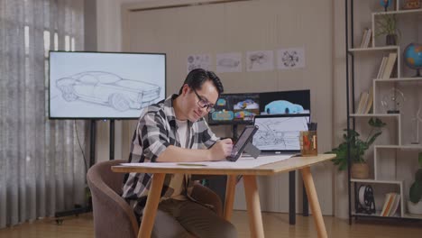 hombre asiático sonriendo a la cámara mientras dibuja el concepto de diseño de un nuevo coche en una tableta en el estudio con tv y computadoras muestran modelo de coche eléctrico 3d