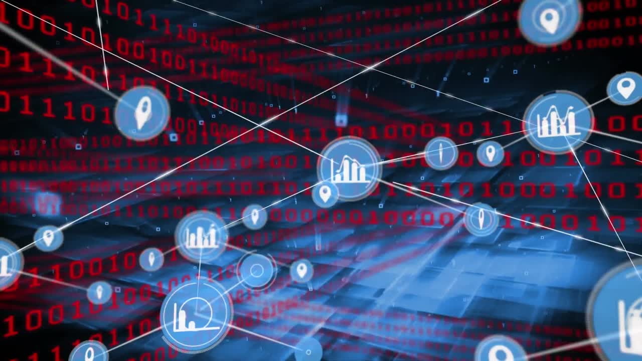 animación de redes de conexiones con iconos digitales a través de codificación binaria