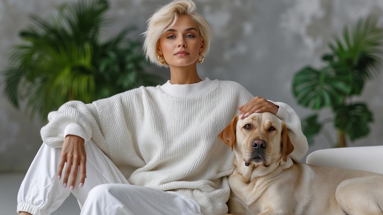 Mulher loira sentada em sofá branco e acariciando um cão Labrador Retriever amarelo