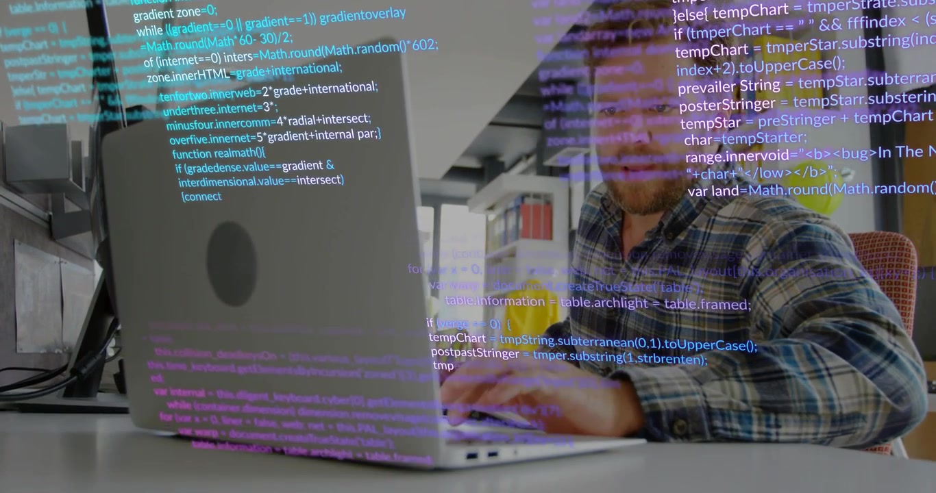Developer typing on laptop, causing code overlay filling across laptop and man to show app progress
