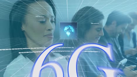 animación de texto 6g y procesamiento de datos sobre personas biraciales que usan teléfonos inteligentes.