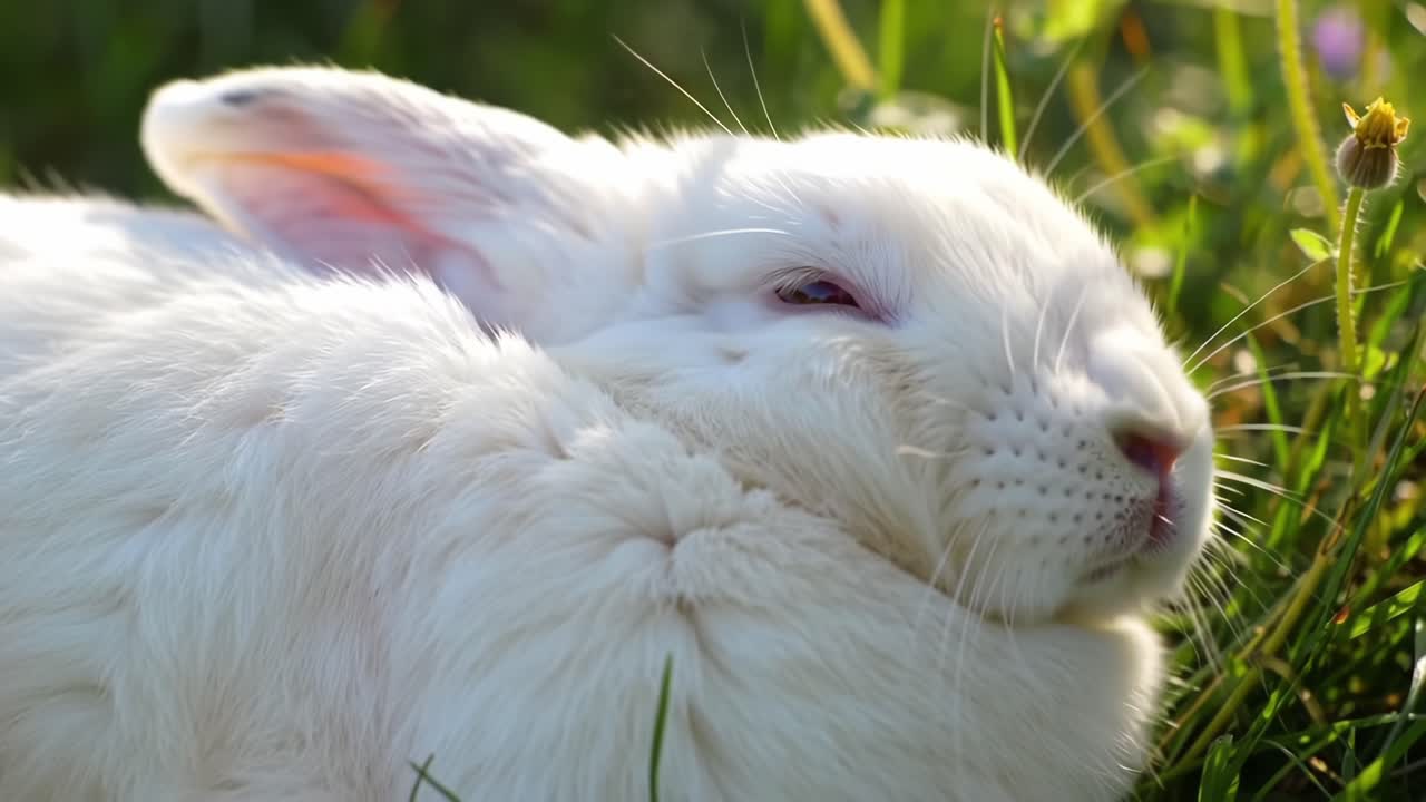 A Beautiful White Rabbit Relaxing in a Lush Green Meadow, Enjoying the Sunshine and Surroundings in a Peaceful Natural Setting