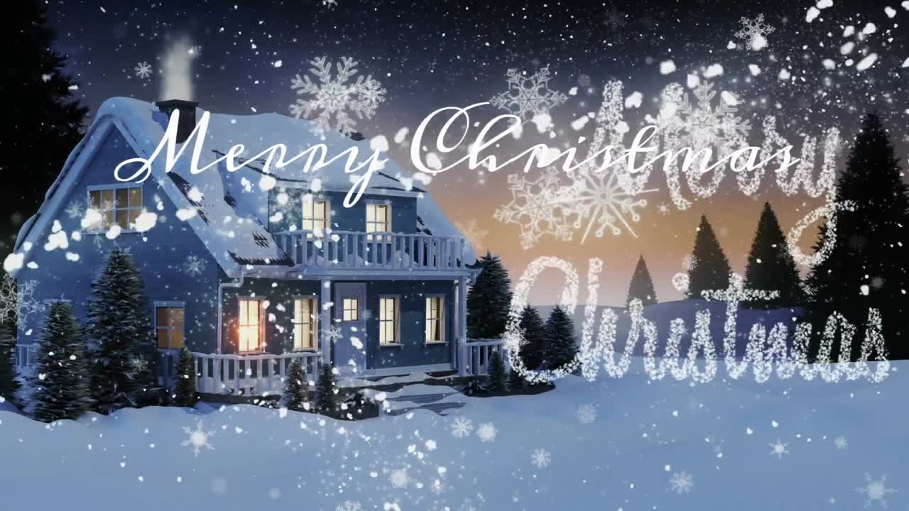 렌즈 플레어가 눈알을 형성하는 애니메이션, 눈 인 풍경과 밤하늘에 집 위에 눈이 내리는 애니메이션.