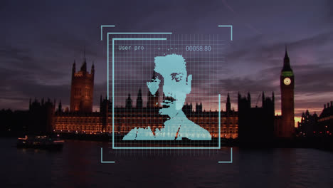 animation of financial data processing over biometric photo and london cityscape